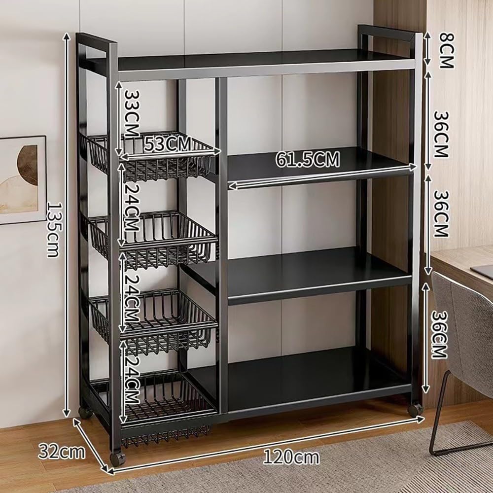 Estante de almacenamiento de cocina con cestas de malla y ruedas, estante de metal con estantes ajustables para baño y oficina