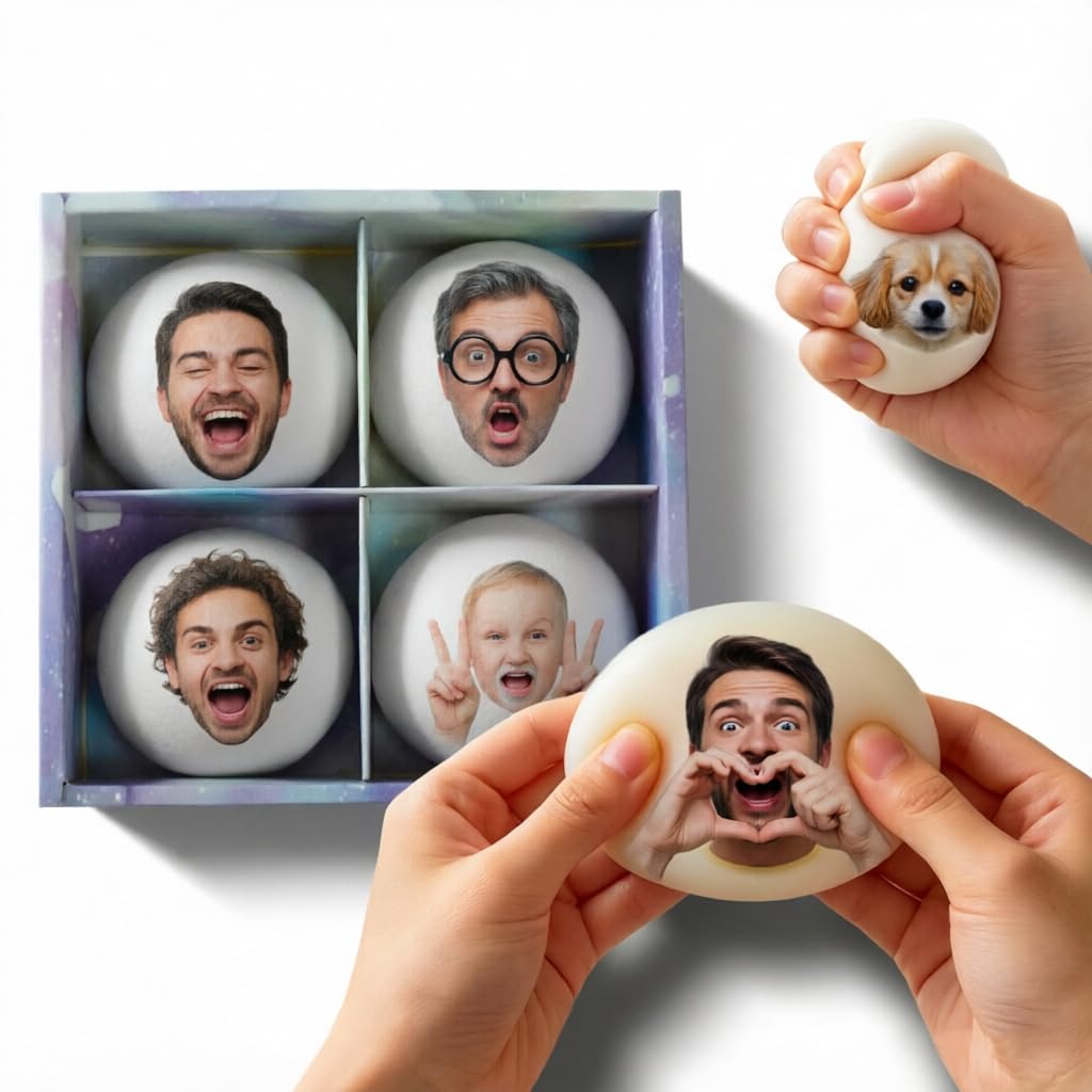 Personalised Fidget Toys, Stress Balls Squishies Relief Toys, Customisable 4 Patterns Printed with Your Photos for Adults Office Workers Leisure, 4Pcs