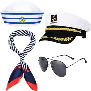 4Pcs Yacht Captain Sailor Costume Set IncludeHat Sailor Cap Sunglasses and Scarf for Adults Halloween Party Dress Up