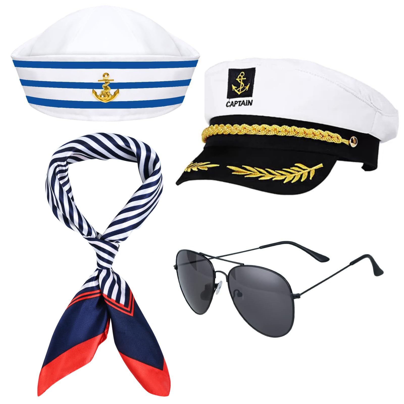4Pcs Yacht Captain Sailor Costume Set IncludeHat Sailor Cap Sunglasses and Scarf for Adults Halloween Party Dress Up