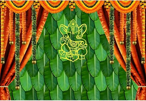 Miniatura 4 de Renaiss Cortina tradicional india Pooja de 6 x 4 pies, cortina india para matrimonio, hoja de plátano, caléndula Puja Ganpati, fondo de fotografía