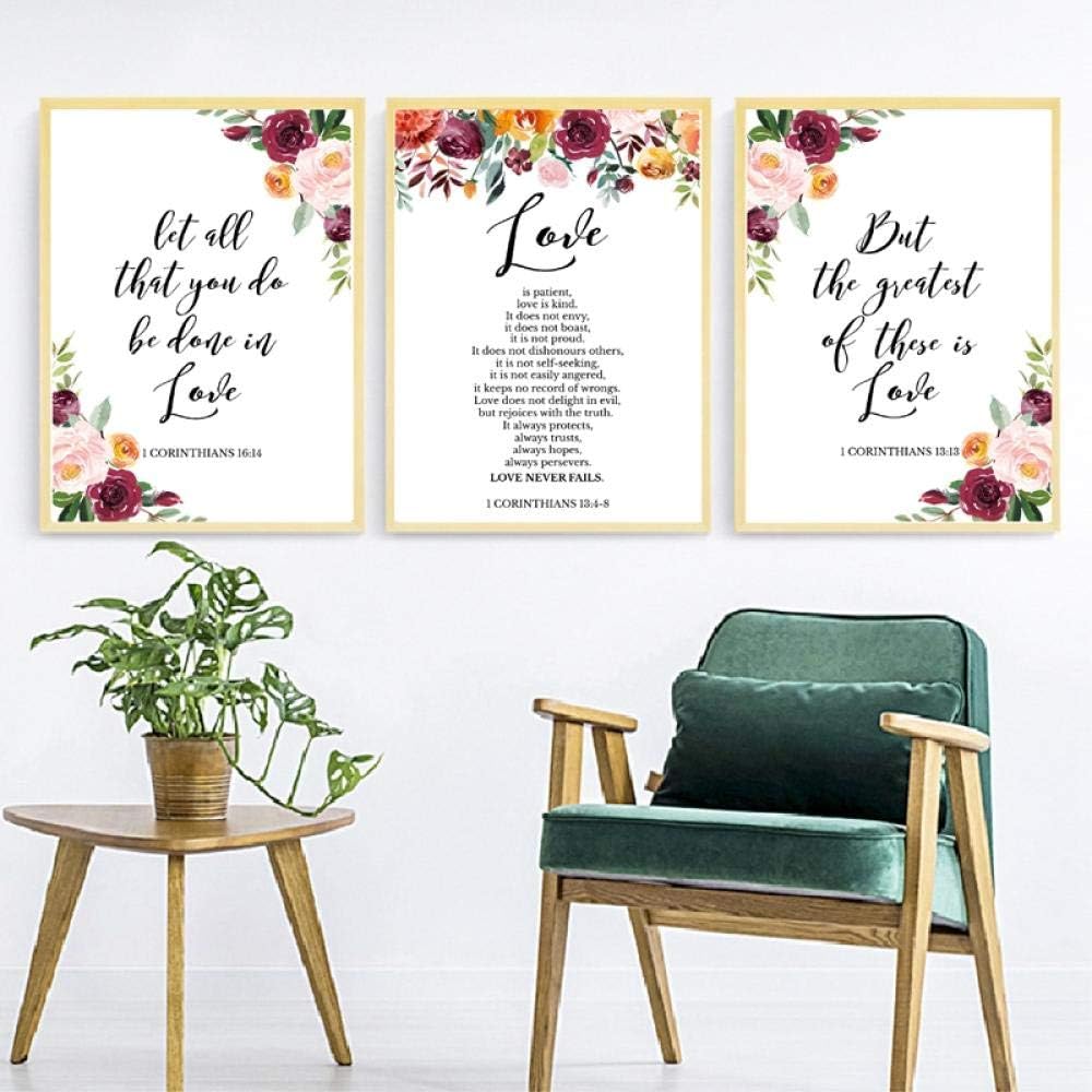 Bible Verse Love Quotes Wall Art Canvas Painting,Watercolor Flowers Scripture Christian Posters and Prints Pictures Home Decor 50x70cmx3 no Frame
