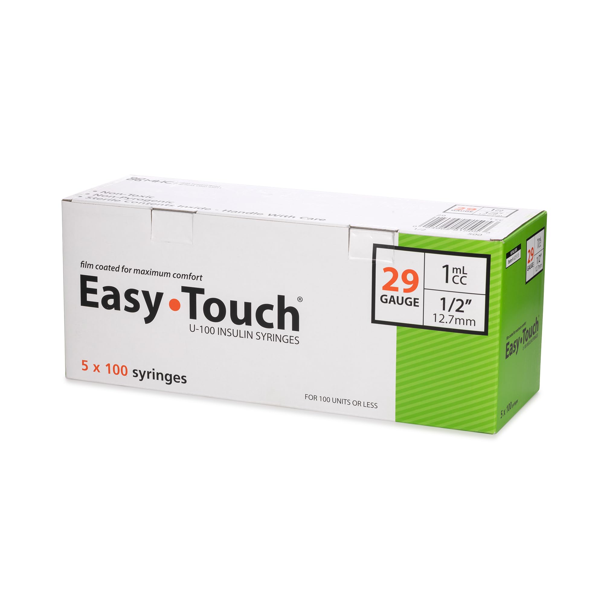 Easy Touch 29 Gauge U-100 Insulin Syringes (29G 1cc 1/2”) with 1/2” Long Needle, 1cc (100 Unit Capacity), Bold Markings for Accurate Dosing, Disposable, 5 Boxes of 100 (500 Total) | Case Pack, 100 Unit Capacity, 1/2” Needle Length, Bold Markings for Accurate Dosing, Disposable, Box of 500