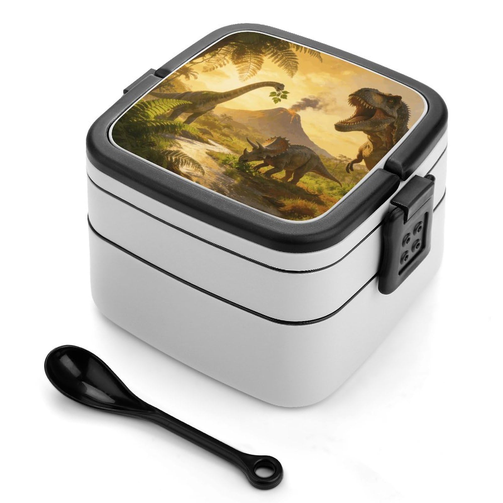 LZQPOEAS Dinosaur Land Bento Box with Handle Spoon Portable Leak-Proof Lunch Box 1000 ML Large Insulated Adult Lunch Boxes 2-Layer Stackable Lunch Container for Work Gym Outdoor