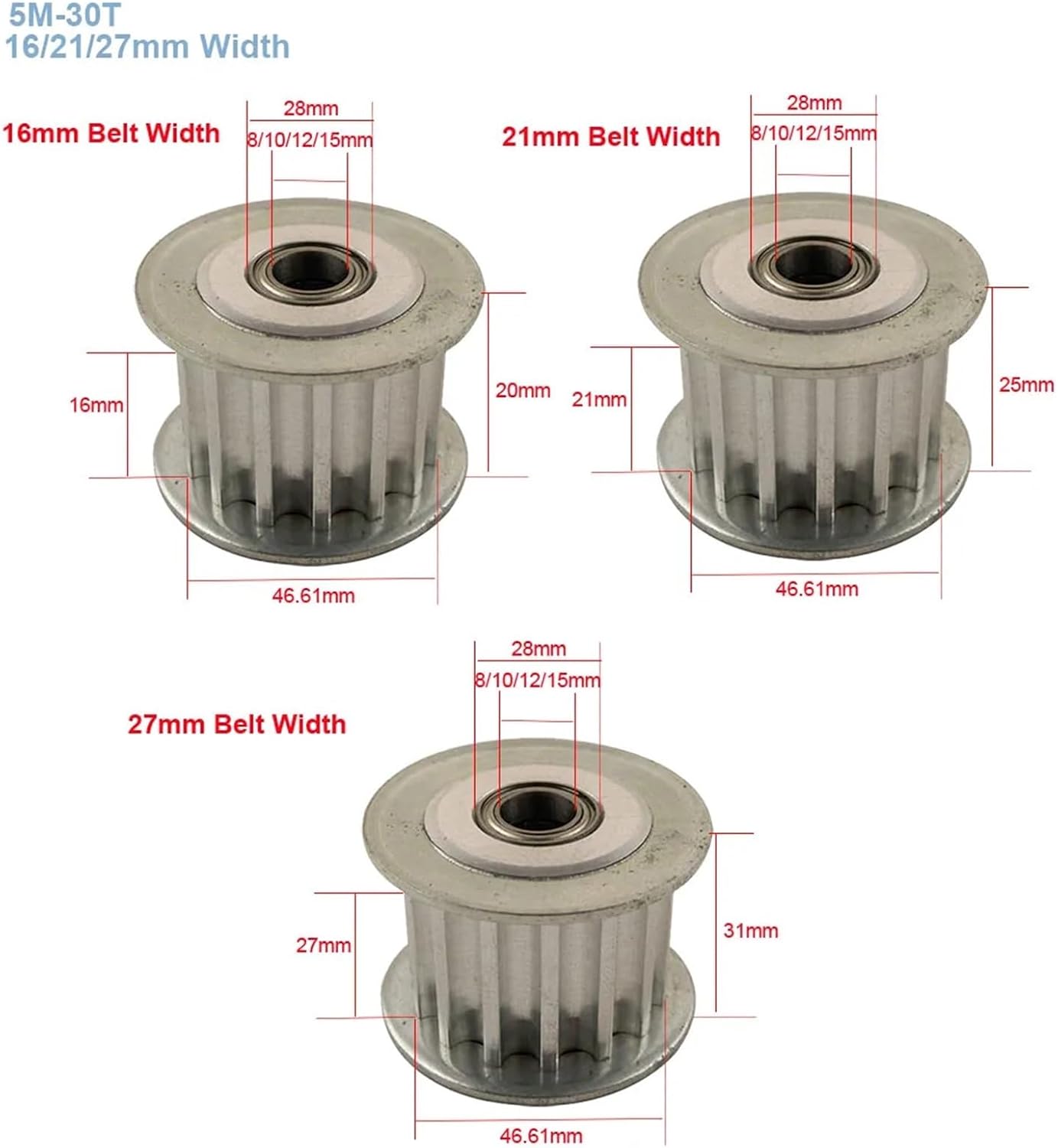 HTD5M Type 30T Idler Pulley 30 Teeth 16/21/27mm Belt Width Bearing Wheel 8/10/12/15mm Bore Idle Belt Pulley(25mm,21mm)