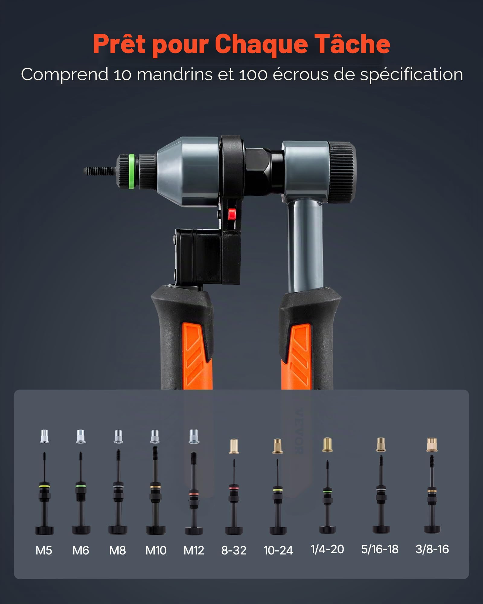 VEVOR Riveteuse Manuelle à Cliquet 21 cm, Kit d'Outils à Riveter Complet, pour Bricoleur Maison, Pince à Écrous à Sertir avec 10 Mandrins Métriques et SAE, 100 Écrous, avec Mallette de Transport
