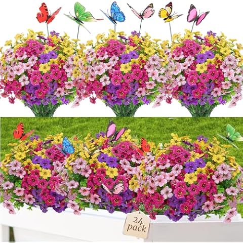 Yastouay 24 Bundles Artificial Flowers for Outdoors, UV Resistant Fake Outdoor Flowers No Fade Faux Outdoor Flowers Plants for Garden Porch Window Box Farmhouse Pot Planters Decor (Multi ColorB) Cover