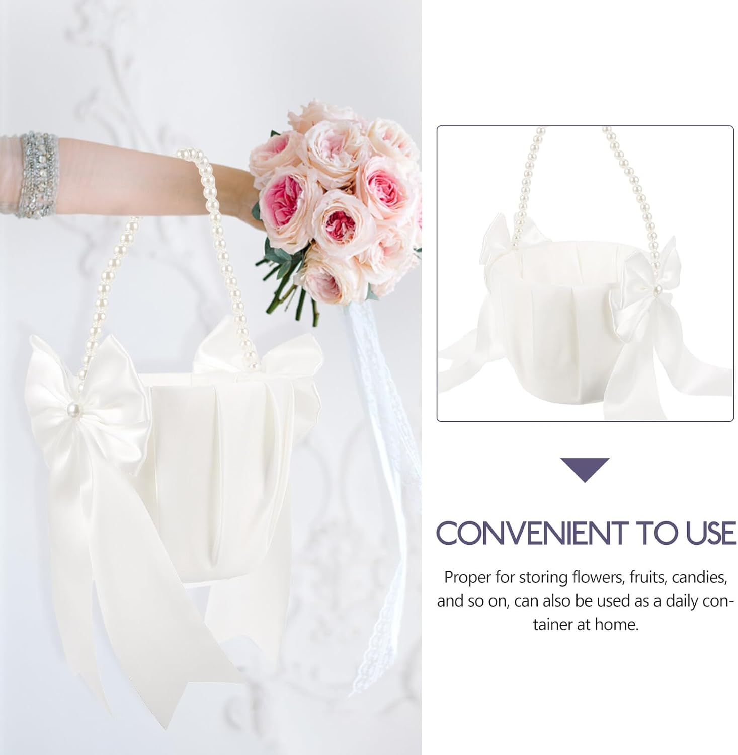 POPETPOP Lace Flower Girl Basket with Pearl Handle Handheld Wedding Petal Storage Basket for Bridal and Flower