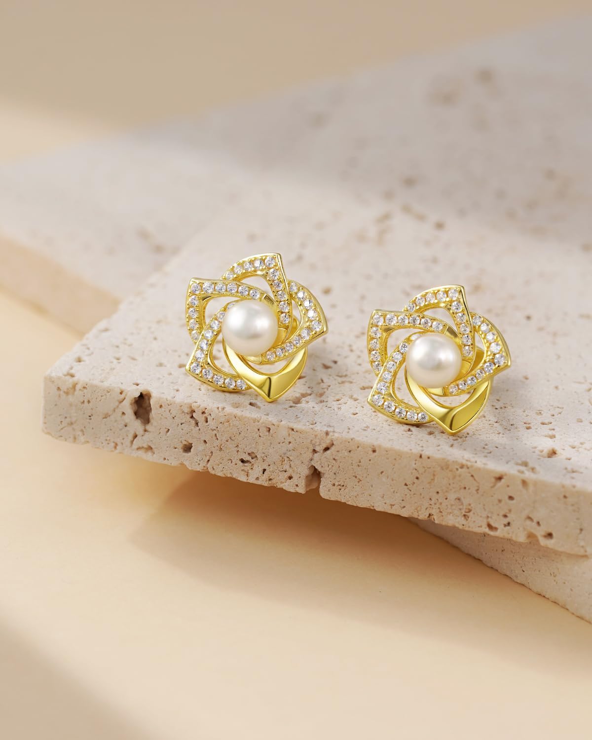 Pearl Stud Earrings for Women, 14K Gold & Sterling Silver Plated Hypoallergenic CZ Earrings, Flower Freshwater Pearl Jewelry Gift for Mom Wife Girlfriend, Christmas Birthday Anniversary Love for Her