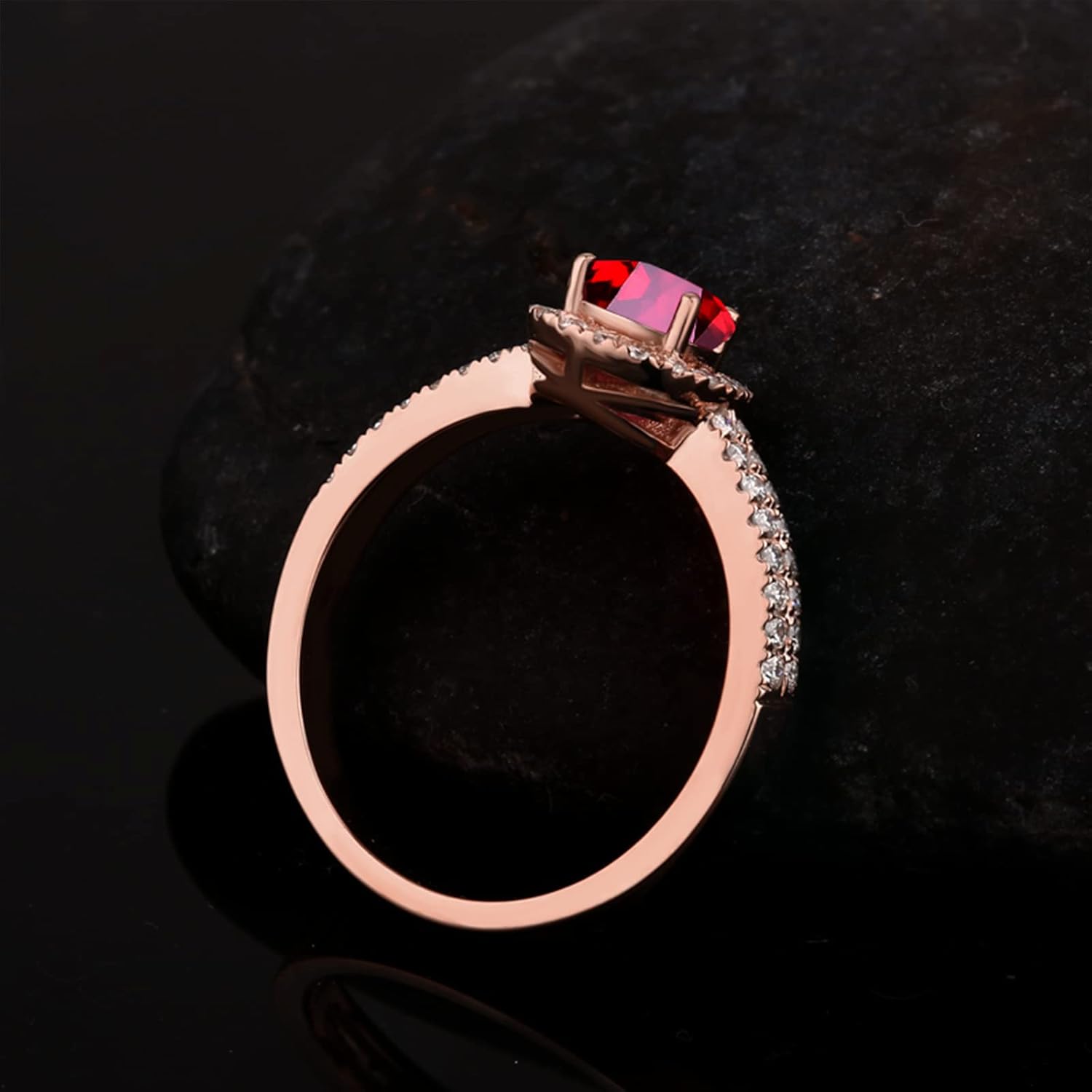 WSX Real Gold Created Ruby Halo Ring for Women Synthetic Pear Ruby Diamond Engagement Wedding Ring for Bridal Wedding