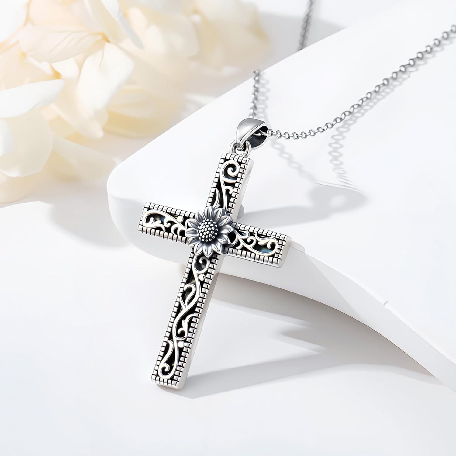 Cross Necklace for Women 925 Sterling Silver Cross Sunflower/Rose/Hibiscus/Plumeria/Daisy/Lily/Butterfly/Star of David Pendant Jewelry Gifts for Wife Girlfriend Daughter
