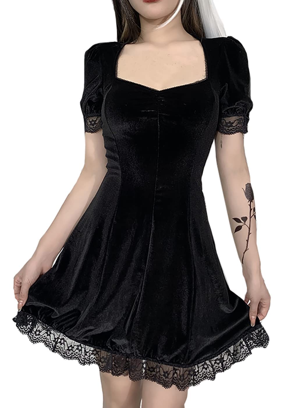 Robe Midi Velours Noir Goth Dentelle – Manches Longues Ajourées, Col Rond, Style Rétro Élégant Et Ténébreux