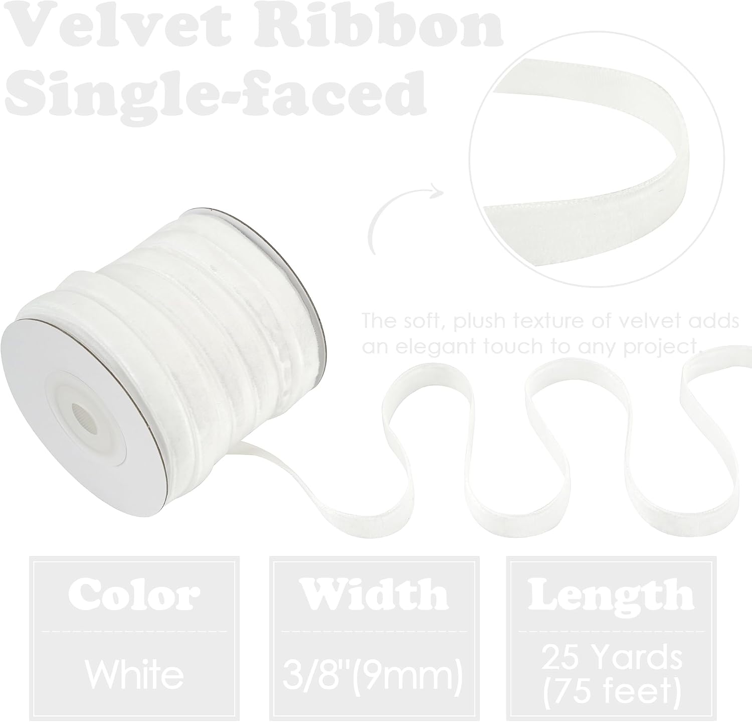 HUIHUANG White Velvet Ribbon 3/8 inch x 25 Yards Single Face Velvet Ribbon for Gift Wrapping, Christmas Tree Ornaments, Wreath Decor, Invitations, Hair Bows, Flower Bouquet, Home Decor image 2