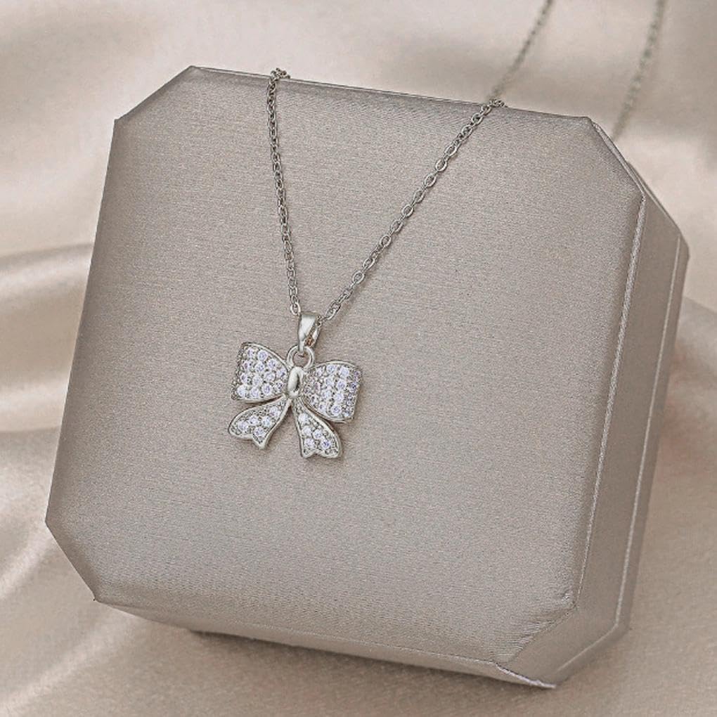 Silver Bow Necklace for Women,Bling Rhinestone Ribbon Bowknot Pendant Necklace,Statement Necklace Christmas Jewerly Gift - Image 5