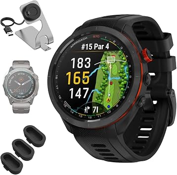 Garmin 010-02746-02 Approach S70 47 mm Premium GPS Golf Watch, Black Band Bundle with Deco Essentials Charging Dock, 3X Silicone Dust Cover and 1.4 Inch Screen Protector