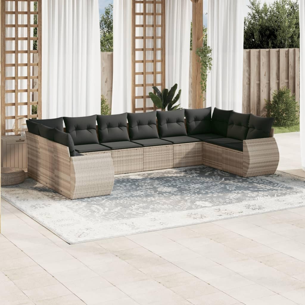 vidaXL Salon de Jardin avec Coussins 10 pcs, Canapés avec Dossier, Ensemble de Meubles, Mobilier de Terrasse Patio, Gris Clair Résine Tressée