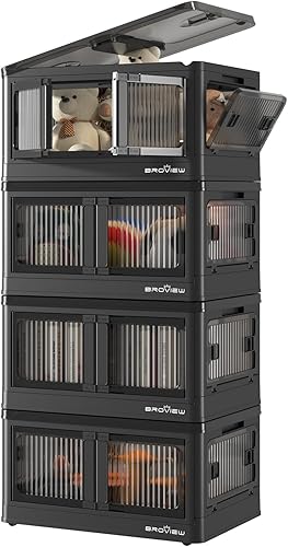 BROVIEW Contenedores de almacenamiento plegables negros de 32 cuartos con tapas, paquete de 4 organizadores apilables de armario y almacenamiento,