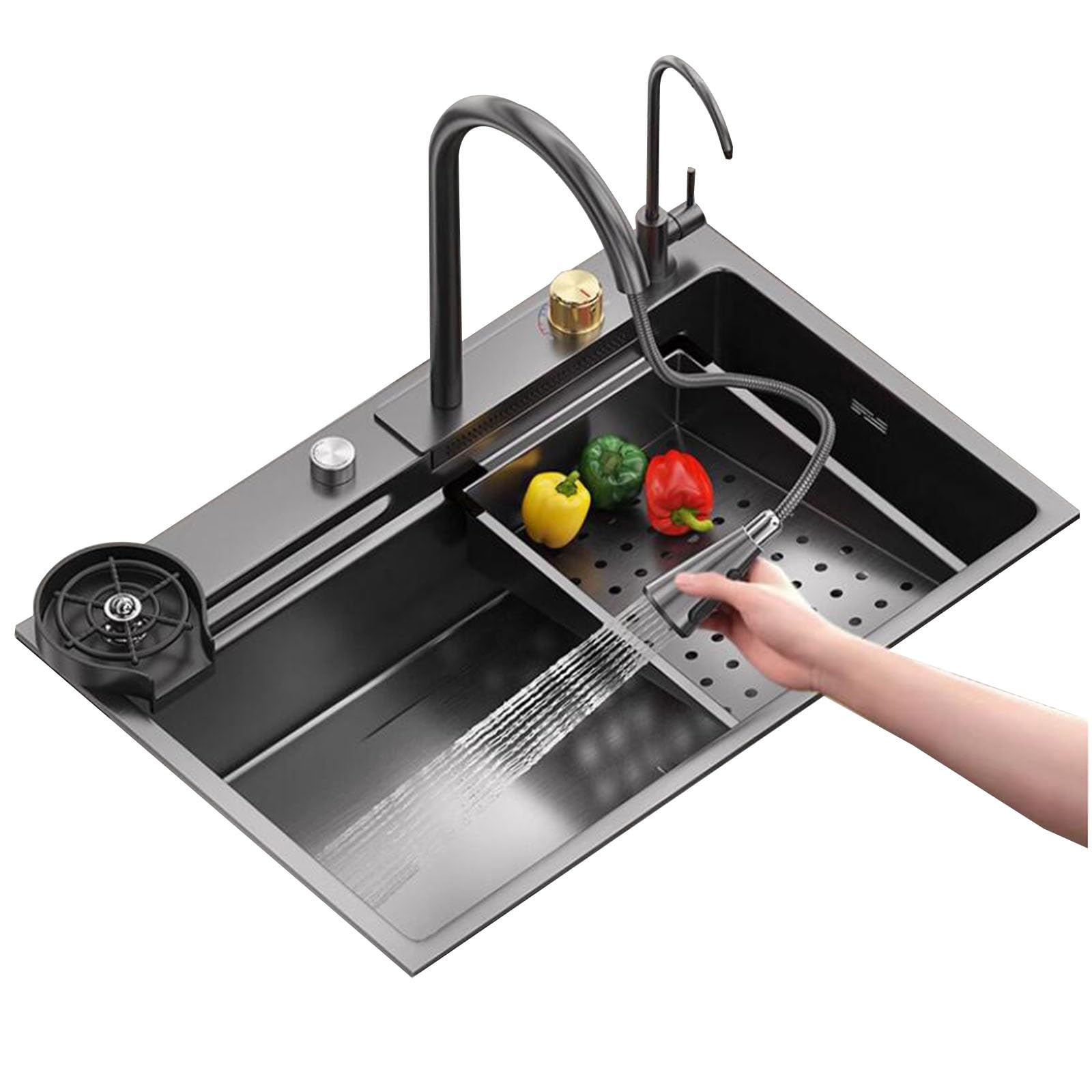 Évier de cuisine cuve simple en acier inoxydable avec réservoir d'eau et siphon