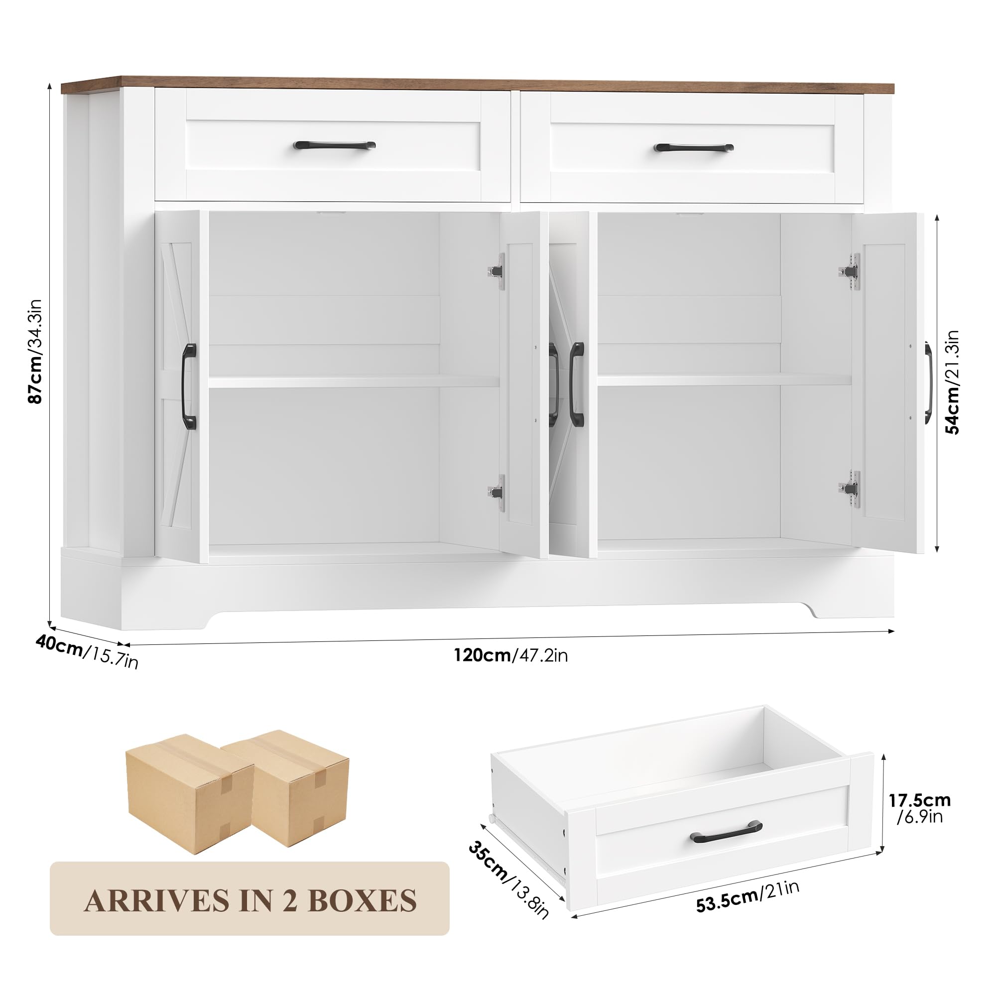 HOCSOK Buffet Meuble de Rangement, Placard, avec 2 Tiroirs et 4 Portes, Meuble Cuisine pour Salon, Cuisine, Salle à Manger, 40 x 120 x 87 cm