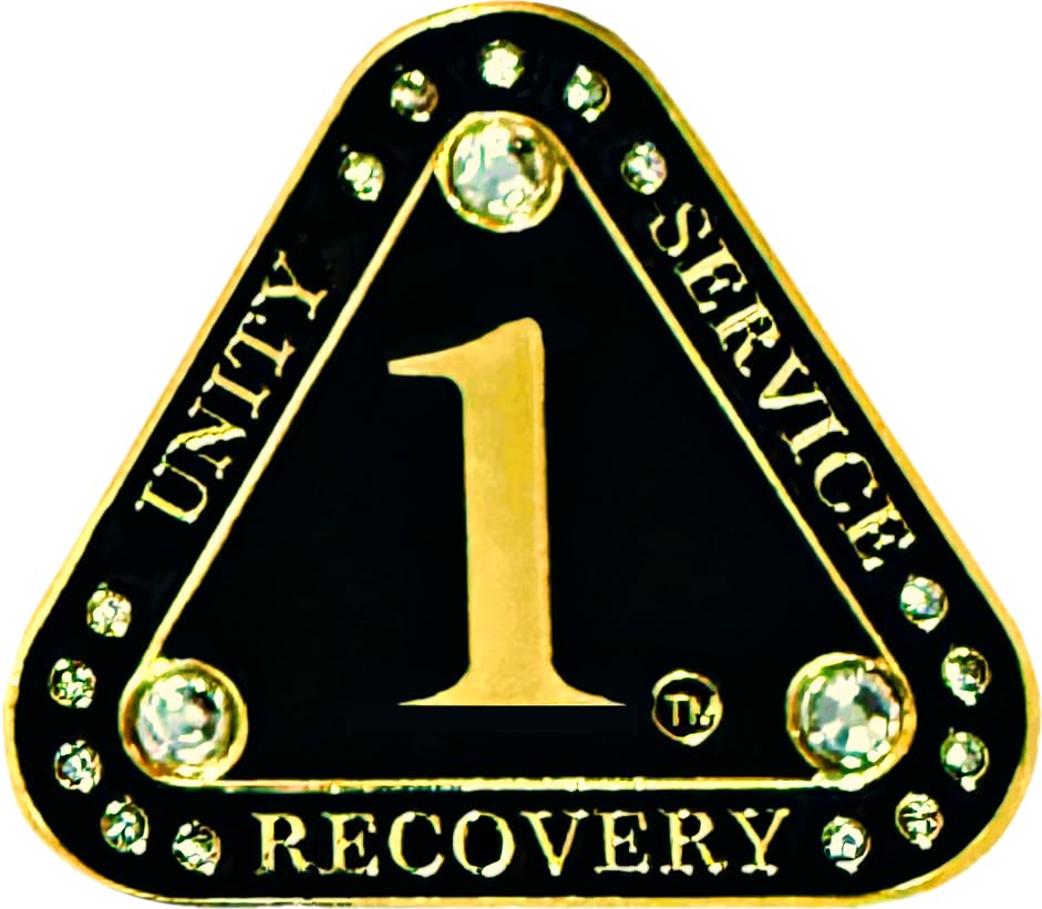 (1-55 Years) AA 1 Year "Midnight Crystals" Triangle Medallion- Alcoholics Anonymous Coin, AA Sobriety Bling Medallion, Triangular Sobriety Metal Chip,