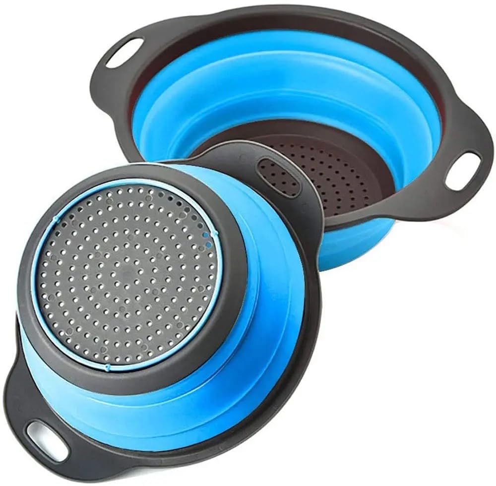 Strainer- Colander for Food, 2Pcs Silicone Collapsible Strainer Set for Draining Fruit, Vegetable, Pasta and More, BPA-Free Kitchen Foldable Sieve, Heat-Resistant (Blue, Silicone)
