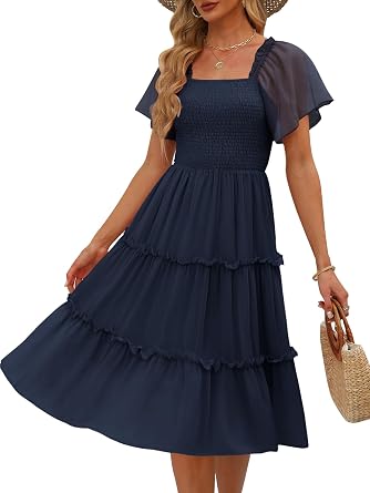 LILLUSORY Womens Summer Casual Flutter Sleeve Square Neck Smocked Midi Dress