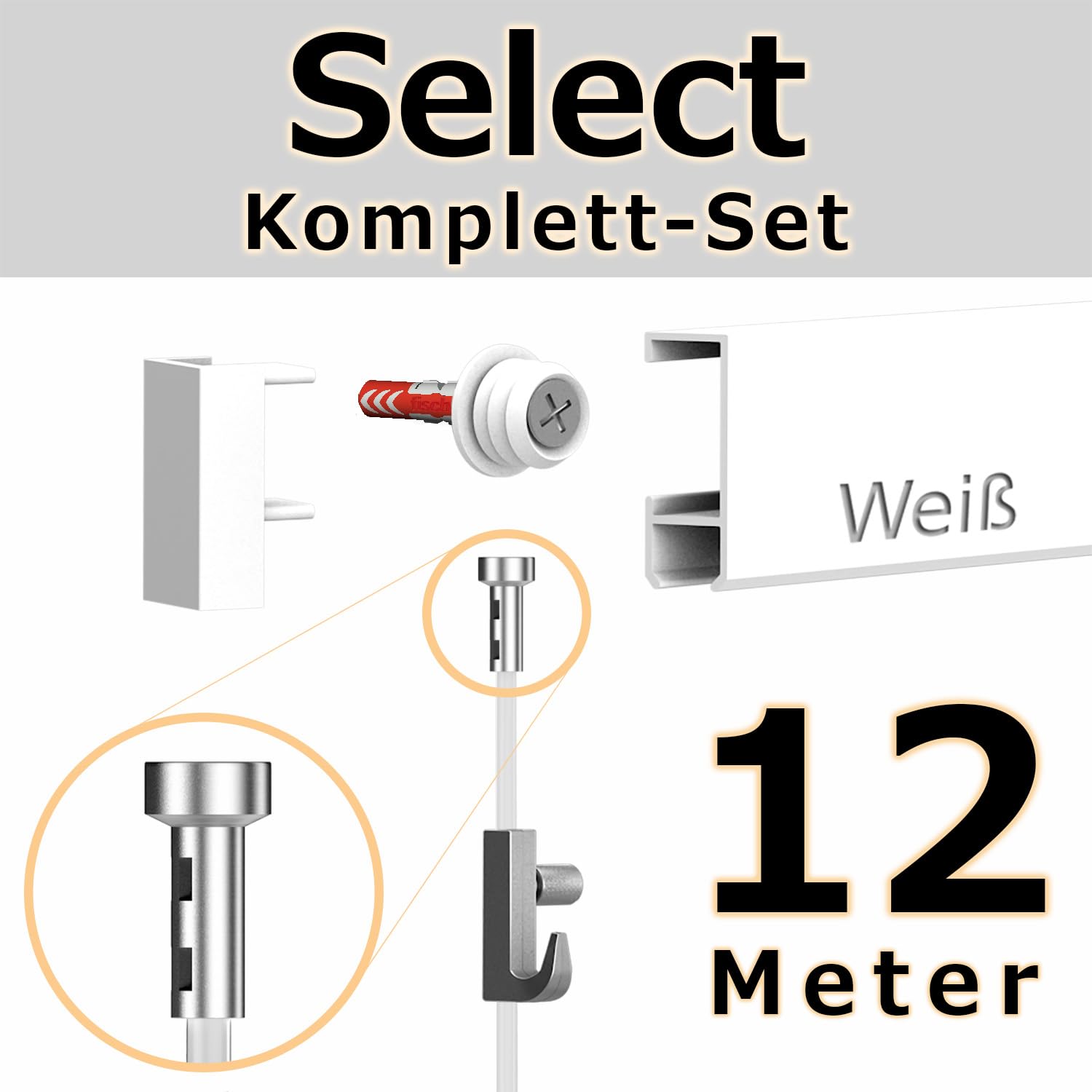 12 Meter Bilderschienen - Select - Komplett Set in Weiß von Hang-it