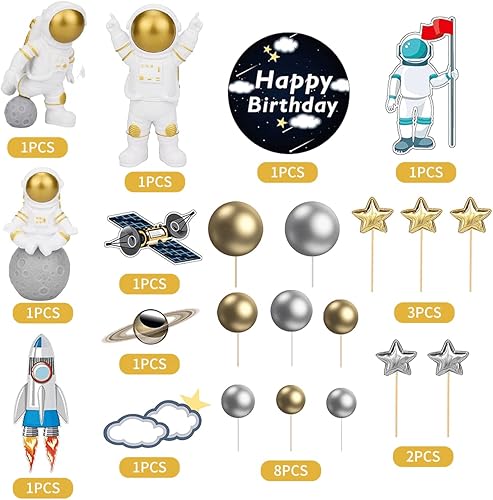 Miniatura 2 de 22 piezas de decoración para tartas espaciales, decoración de figuras de astronauta, decoración de cumpleaños, suministros de fiesta temática