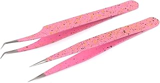 2 Pieces Straight and Curved Tip Tweezers Nipper for Eyelash Extensions, Pink & Black Stainless Steel False Lash Application Tools By G.S Online Store