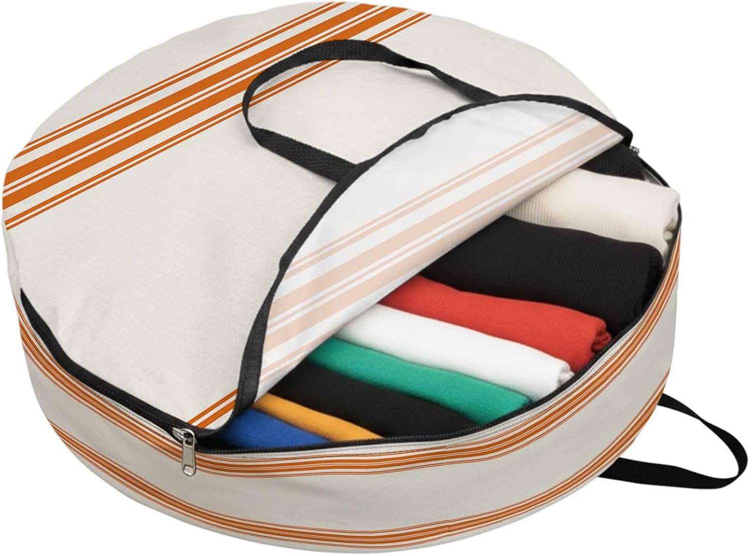 Farmhouse Orange Round Storage Bag 36 Inch, Stripe Clothes Storage Container with Handles Heavy Duty Organizer for Comforter, Bedding & Holiday Wreaths