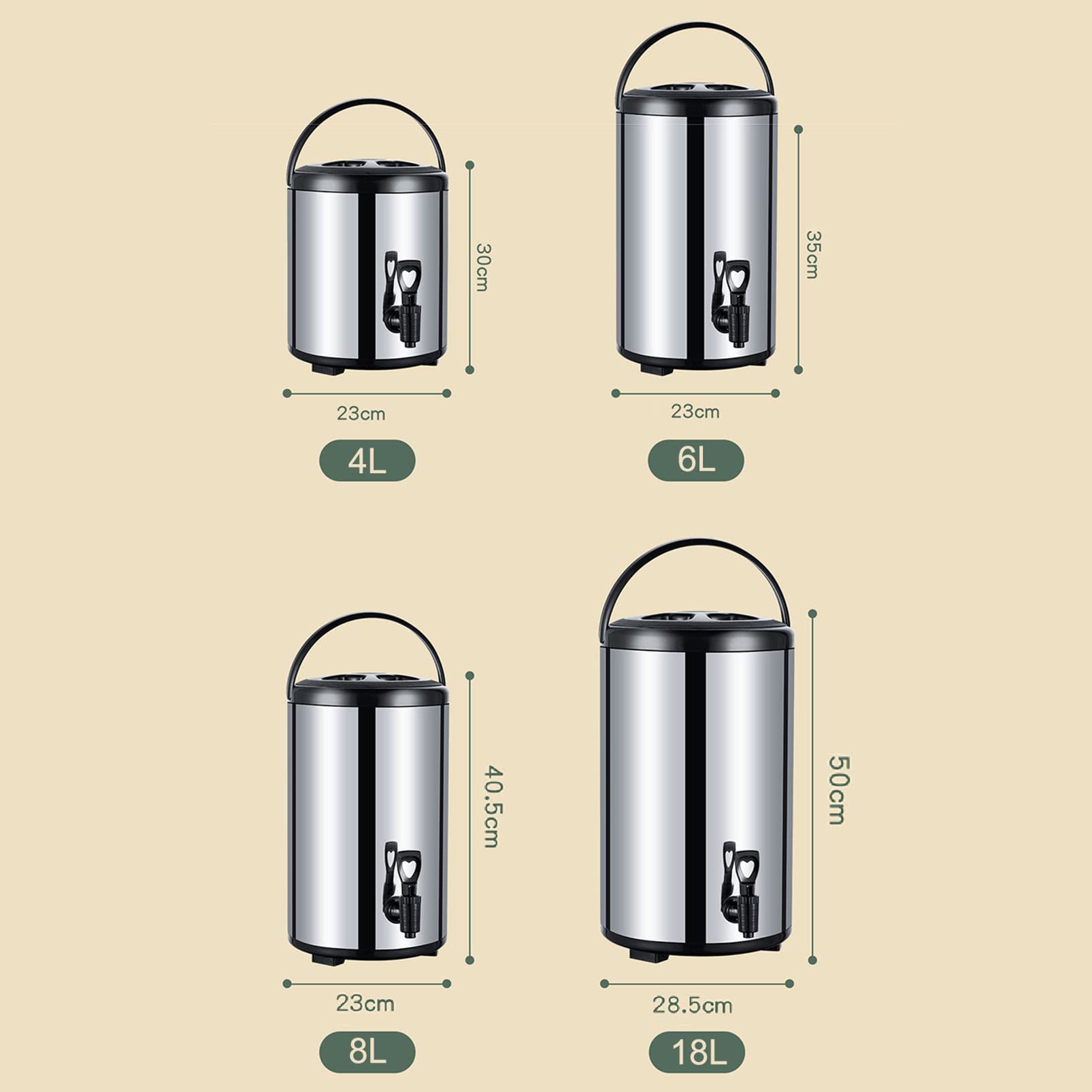 Grande distributore di bevande isolato con rubinetto per bevande calde e fredde, uso commerciale per caffè, tè, latte