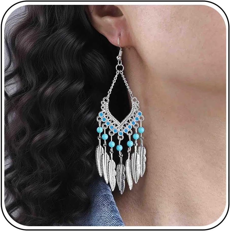 Boho Ethnic Leaf Drop Earrings Silver Leaf Tassel Earrings Turquoise Bead Earring Leaves Chandelier Earring Tribal Bead Dangle Beaded Feather Jewelry for Women