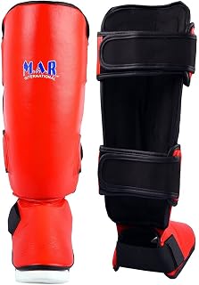 MAR INTERNATIONAL Thai Boxing/Kickboxing Shin and Instep Guard Genuine leather with Hook & Loop Closing and Moulded Foam Padding Red Senior