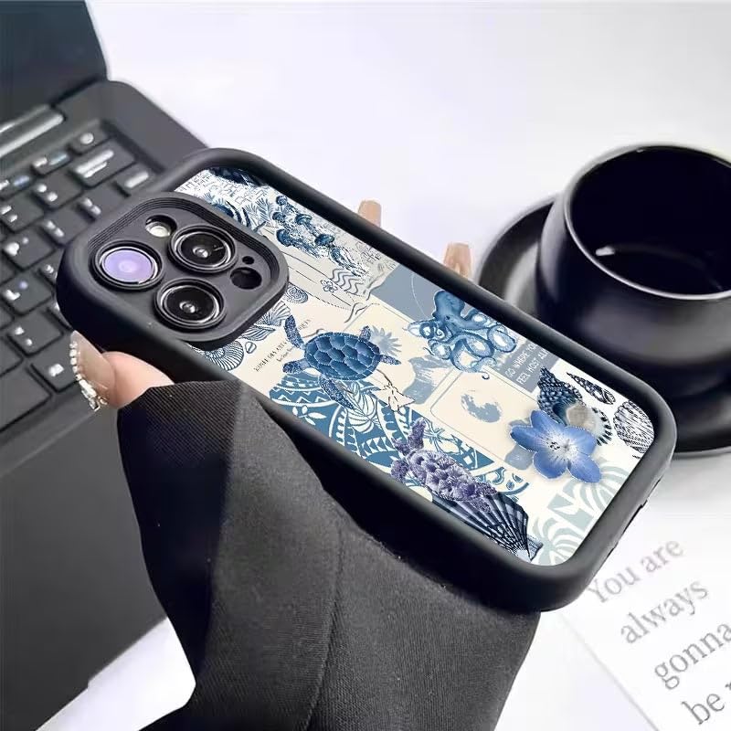 Image of COVERLY Blue Sea Turtle Back Case for iPhone 15 Pro Max | Hot 3D Ocean Summer Vibe Floral Cute Design | Lens Protection | Soft TPU Silicone Aesthetic Print Cover for Girls & Women (Black, Shockproof)