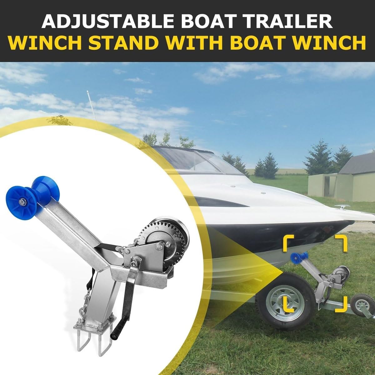 Adjustable Boat Trailer Winch Post with Roller, 1200Lbs Ratchet Winch, 8m, Universal Trailer Parts for Motorboats, Fishing Boats, Speedboats - Durable & Reliable