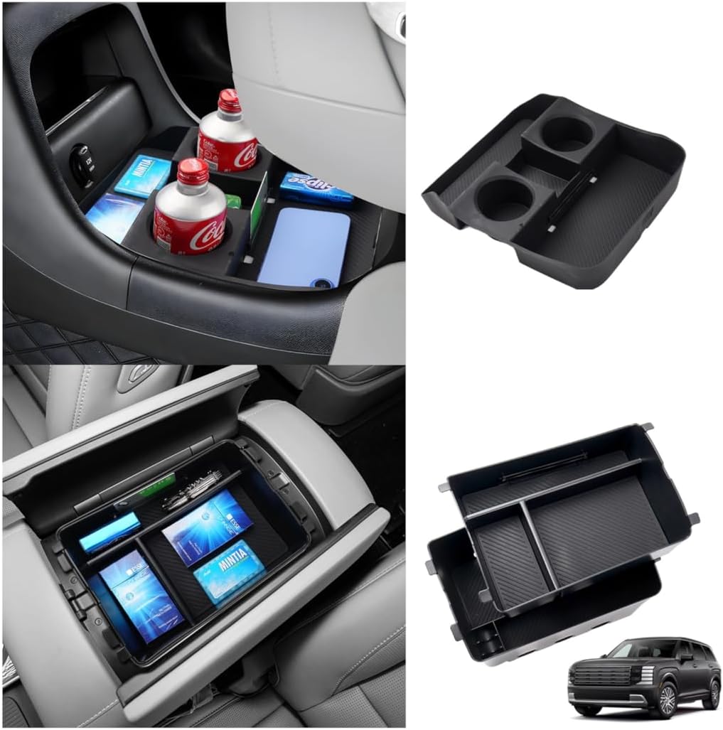 Karltys 3 Pcs Center Console Organizer Compatible with 2026 Hyundai Palisade Calligraphy(Only for Calligraphy 7-Seats Version), Double-layer Armrest Storage Box, Lower Console Organizer Tray