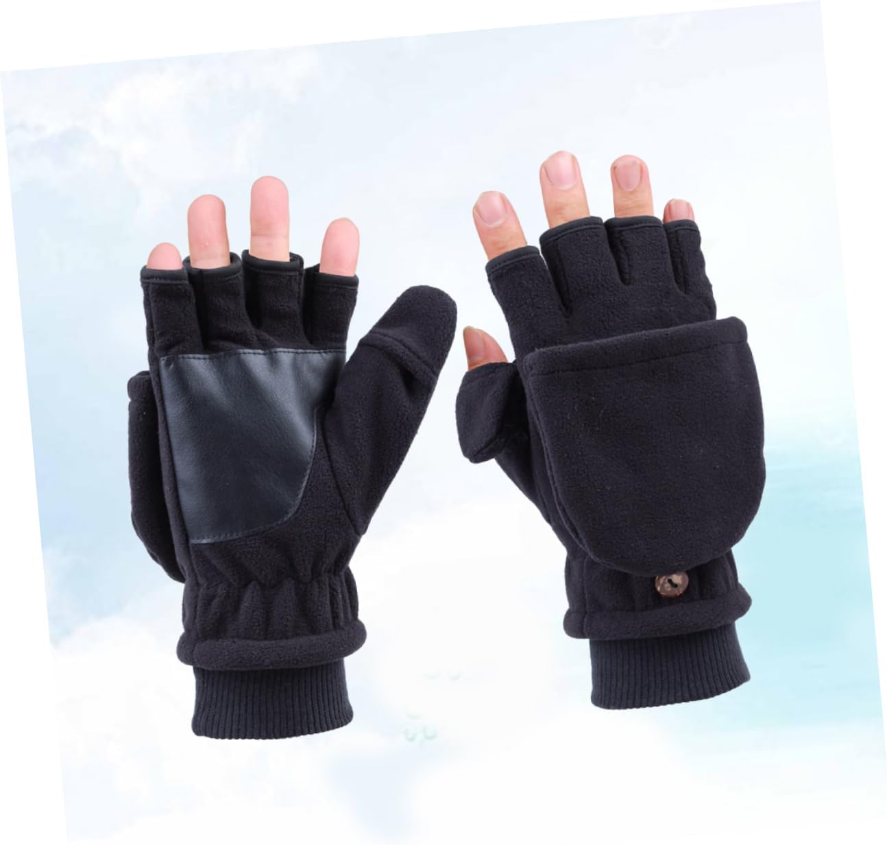 NOLITOY Adult Thicken Windproof Half Finger Gloves for Men Double Warm Mitts with Button for Outdoor Activities for Fishing Running and Texting