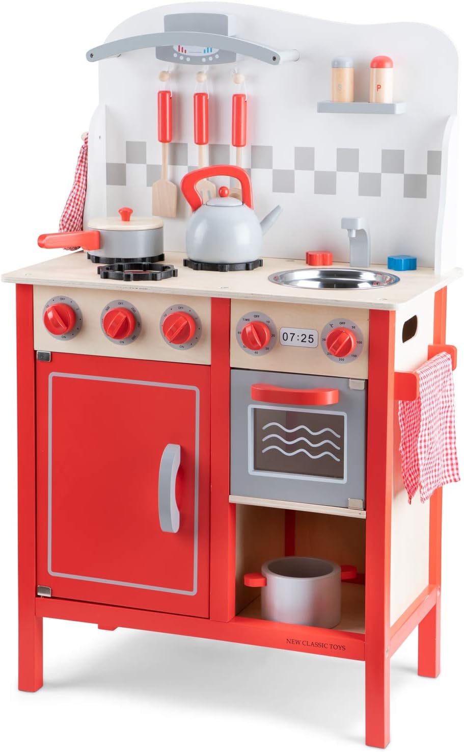 New Classic Toys Red Wooden Pretend Play Toy Kitchen for Kids with Role Play Bon Appetit Included Accesoires 550 x 300 x 890mm