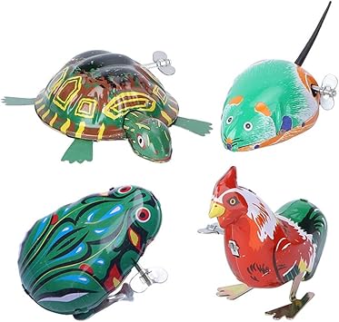 Toyvian 4Pcs Vintage Tin Toys Clockwork Toys Metal Clockwork Spring Wind up Metal Jumping Animal Rooster Turtle Interesting (Random Style and Color)