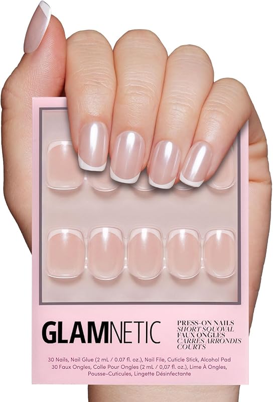 Press On Nails - Short Squoval, Glossy Fake Nails 30 Pc Full Kit | Everyday Pearl press on nails in 15 sizes. French tip glue-on set. Waterproof, chip-resistant, up to 2 weeks wear