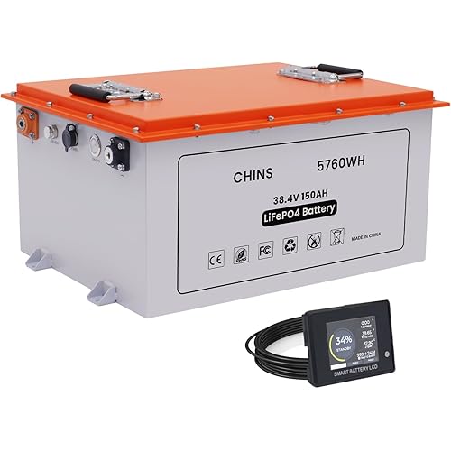 CHINS Smart LiFePO4 Battery Bluetooth 36V 150AH Lithium Battery Perfect for Golf Cart, Trolling Motor, Marine, Built-in 200A BMS, Includes Battery Monitor, Peak Current 1000A
