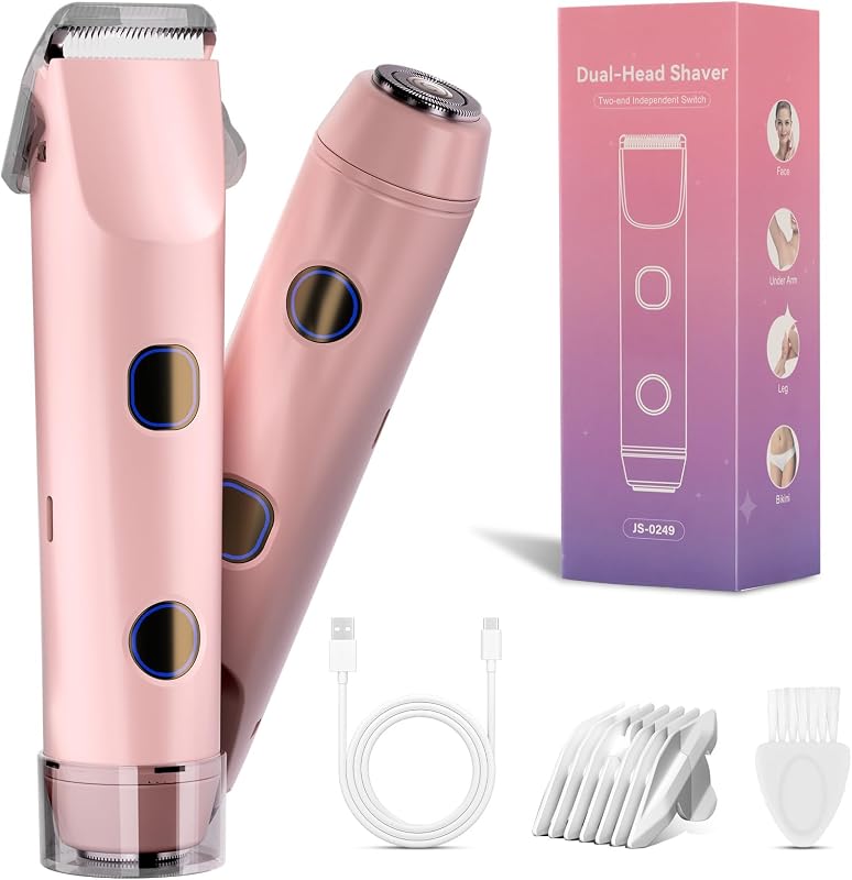 Aparador elétrico FIONOFY 2 em 1 para virilha, com cabeças duplas, recarregável via USB, IPX7, rosa