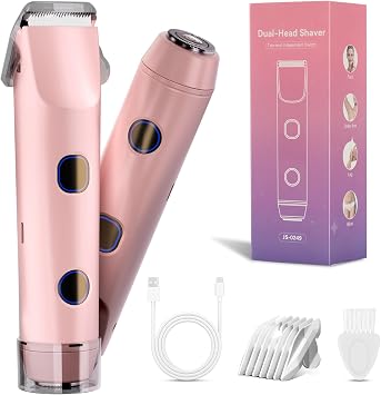 2-in-1 Bikini Trimmer for Women, Bikini Shaver with Dual Heads, Body and Facial Hair Removal, Cordless Rechargeable Electric Razors for Face Chin Pubic Underarm Legs, IPX7 Waterproof, Pink