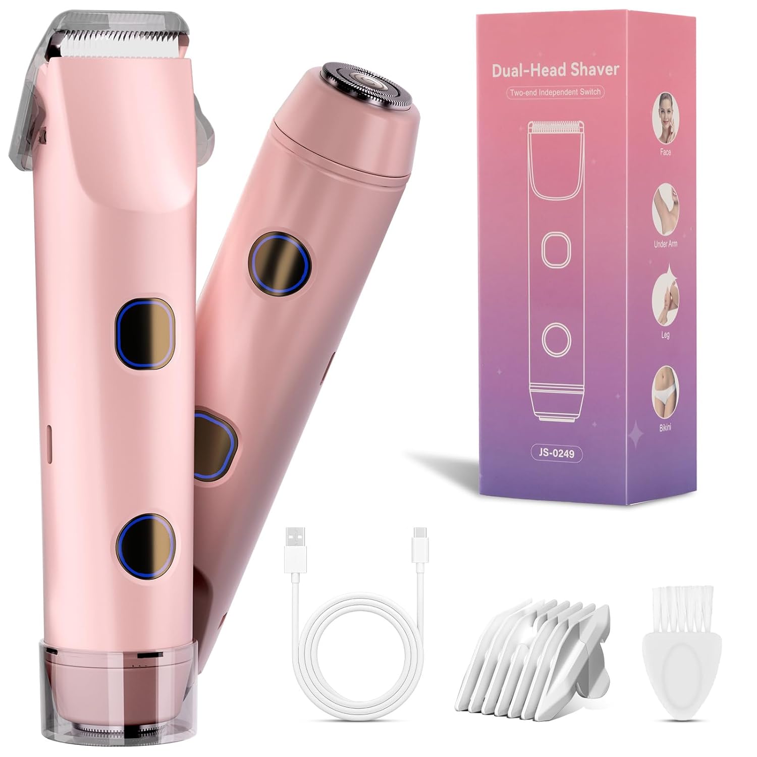 2-in-1 Bikini Trimmer for Women Bikini Shaver with Dual Heads Body and Facial Hair Removal Cordless Rechargeable Electric