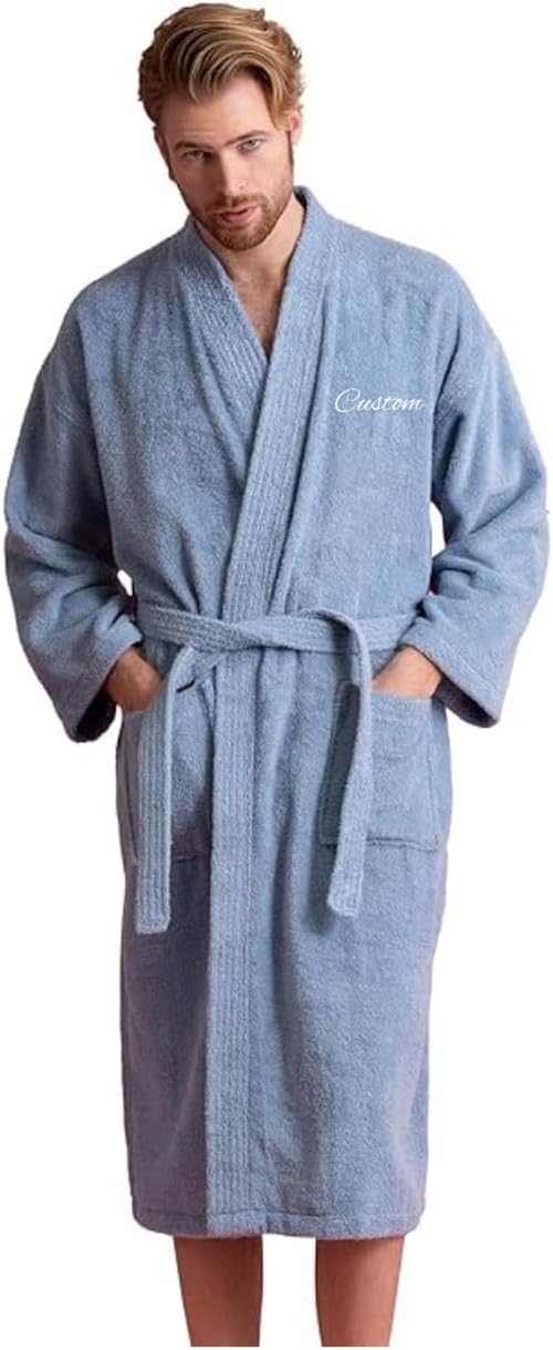 Men's Turkish Terry Kimono Style Bathrobe - 100% Cotton Robe for Men - Comfortable & Absorbent - Soft & Cozy Wear