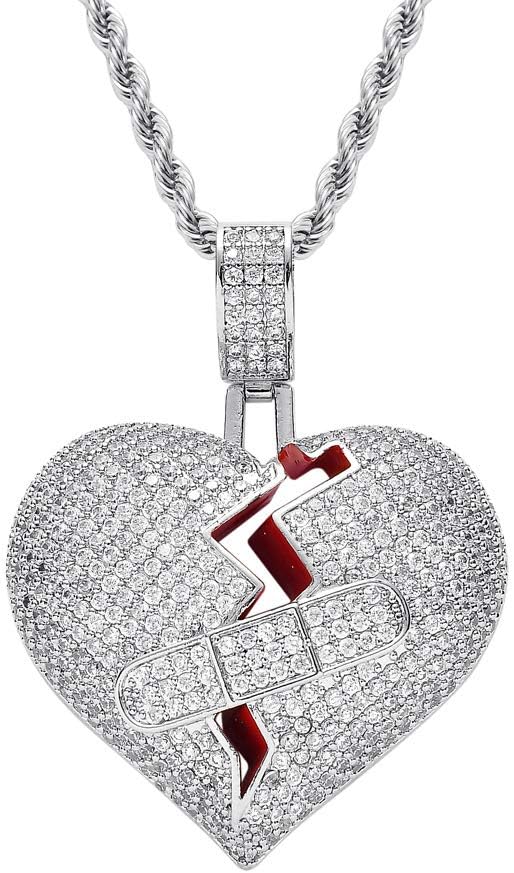 Hip Hop 18K Gold Plated Iced Out Full Cubic Zircon Broken Heart Band Aid Necklace Pendant for Women Men