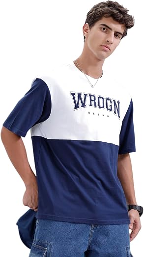 WROGN Men's 100% Cotton T-Shirt | Sporty Colorblock with Cut & Sew | Oversized Fit