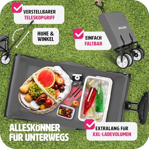 tectake Bollerwagen faltbar, Transportwagen klappbar, mit Tasche, Handwagen zum Ziehen, breite Gummireifen, Faltbarer Trolley zum Transport, für den Strand, im Garten, belastbar bis 80kg (grau) – Bild 6