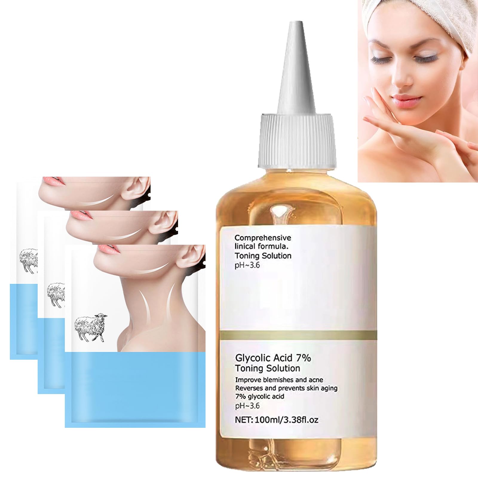 Ácido Glicólico 7% Tónico,Glicólico Rejuvenecimiento Tonificante,Solución Cuidado Piel Acido Glicólico al 7%,Tónico De Ácido Glicólic,Ácido Glicólico Esencia Facial plus Mascarilla para el Cuello