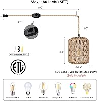 Vista 2 de Plug in Pendant Light with 6W LED Bulb Warm Light(3000K) Dimmable Switch Cute Rattan Hanging Lamp Cord 15ft Hand Woven Plug in Chandelier Boho